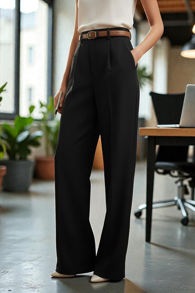 Women Black High-rise Straight Fit Korean Trousers