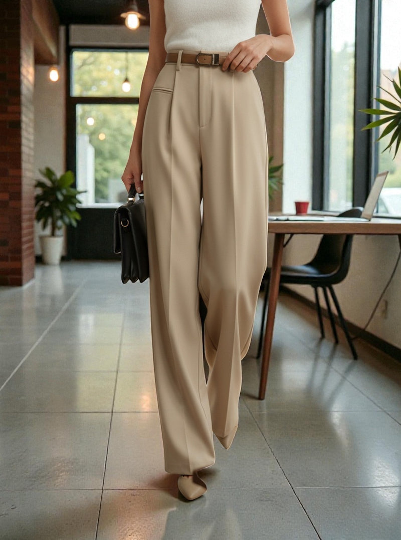 Women Light beige High-rise Straight Fit Korean Trousers