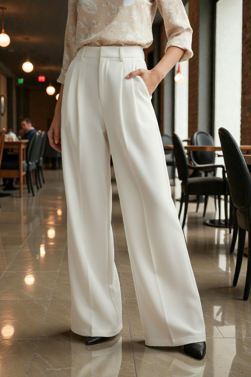 Women Off White High-rise Straight Fit Korean Trousers