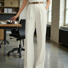 Women Off White High-rise Straight Fit Korean Trousers