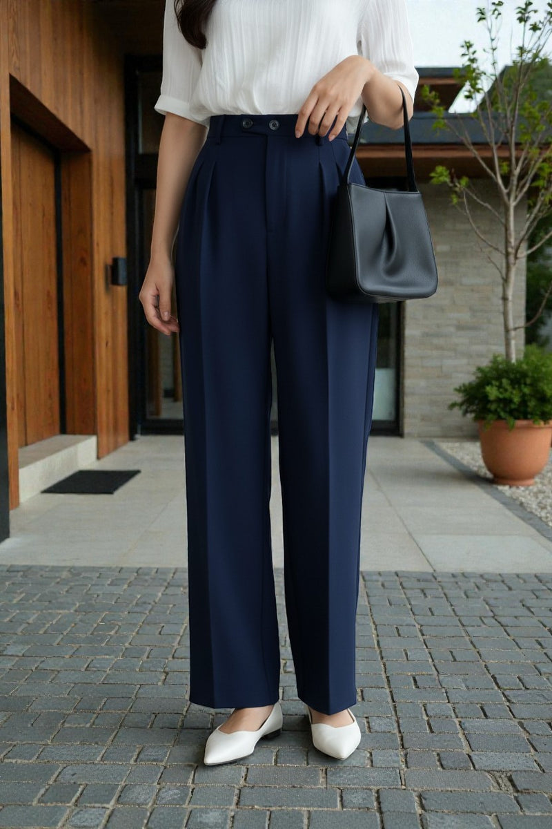 Women Navy blue High-rise Straight Fit Korean Trousers