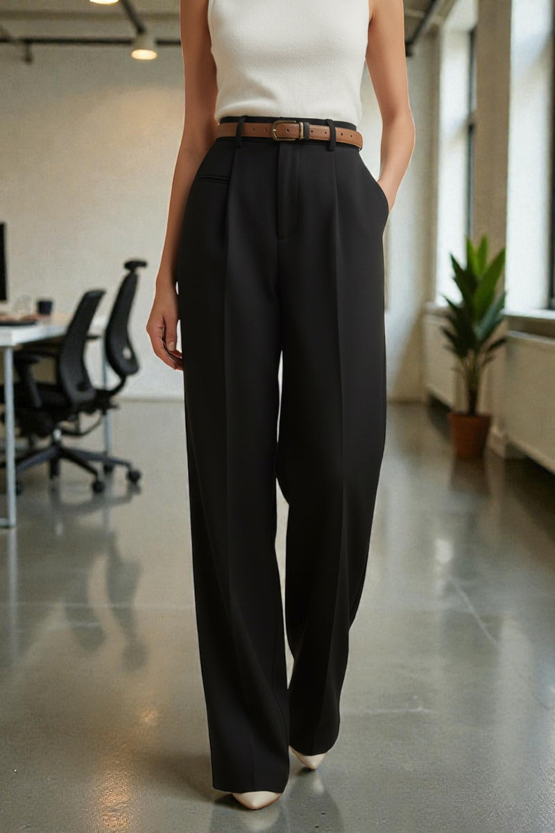 Women Black High-rise Straight Fit Korean Trousers