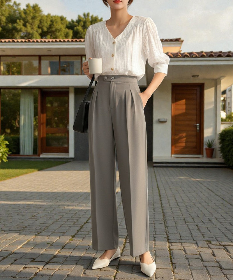 Women Light grey High-rise Straight Fit Korean Trousers