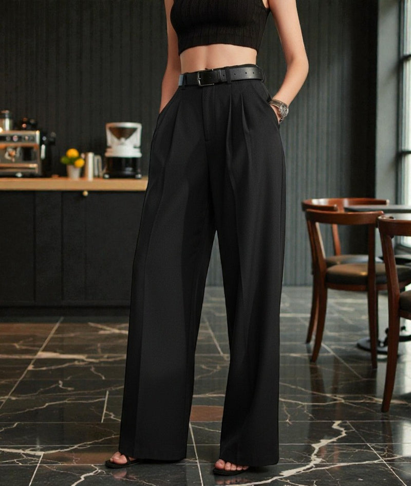 Women Black High-rise Straight Fit Korean Trousers