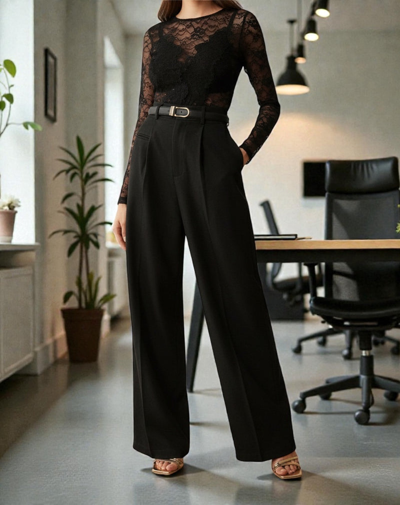 Women Off White High-rise Straight Fit Korean Trousers