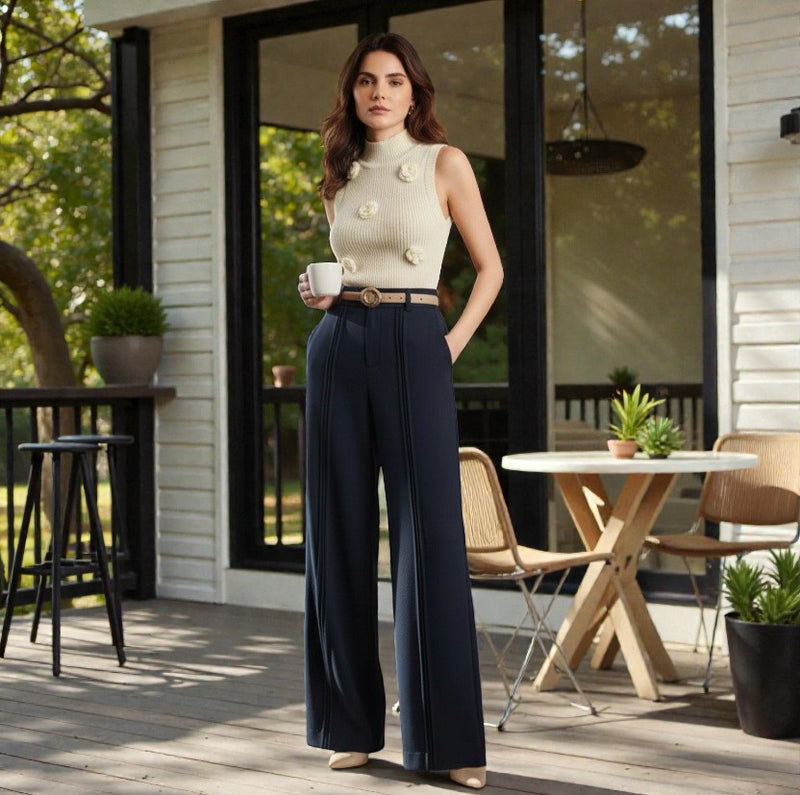 Women Off White High-rise Straight Fit Korean Pants