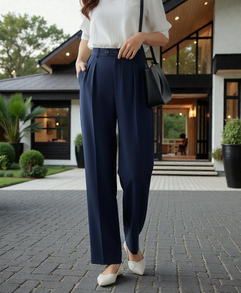 Women Navy blue High-rise Straight Fit Korean Trousers