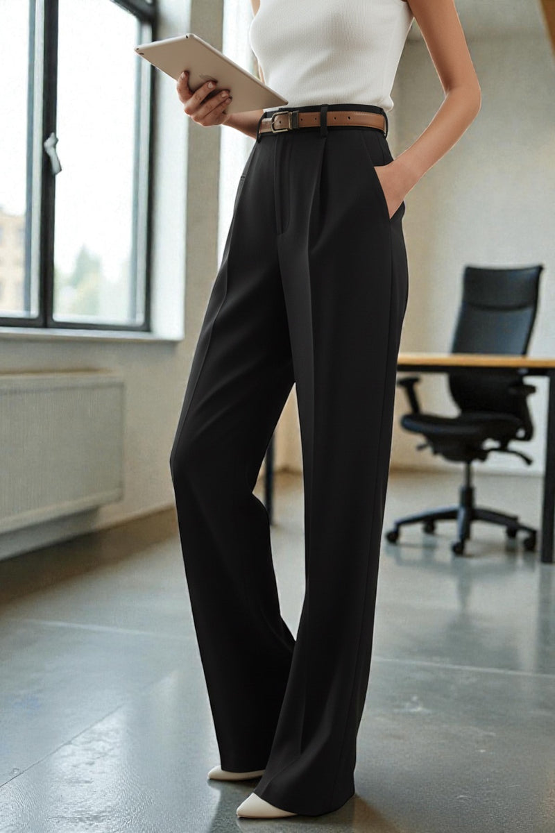 Women Black High-rise Straight Fit Korean Trousers